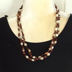 Natural seed beaded necklace handcrafted 42" tones brown cream